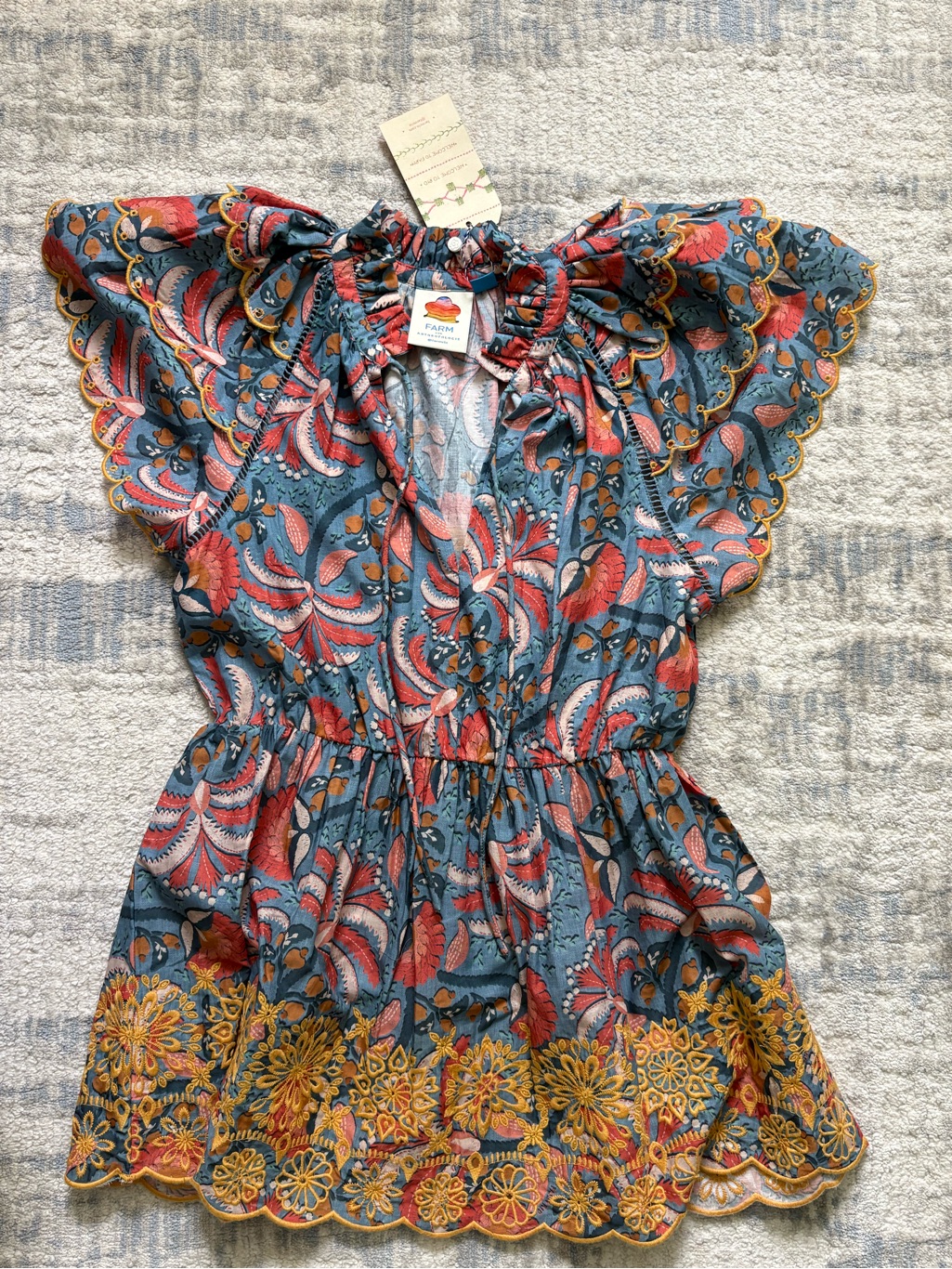 Nwt Farm Rio Anthropologie Ruffled Short Dress Blue With Coral & Mustard